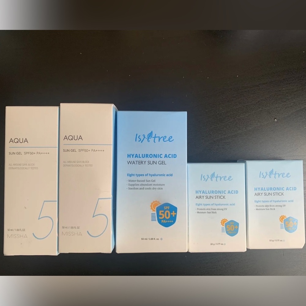 3 Isntree sunscreens. 2 no longer in production Missha sunscreens. All unopened.